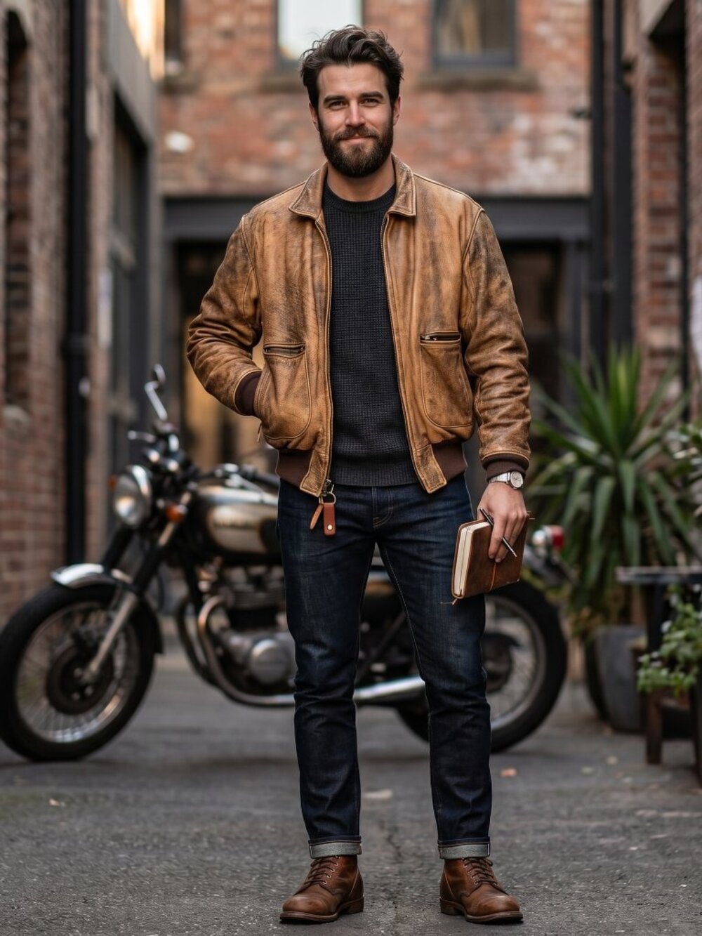 Vintage Men's brown, distressed, bomber flight jacket size 48